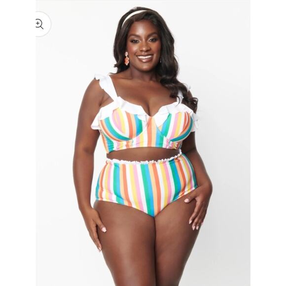 Unique Vintage Retro Rainbow Stripe High Waist Swim Bikini Bottom 1X NWOT - Picture 2 of 4